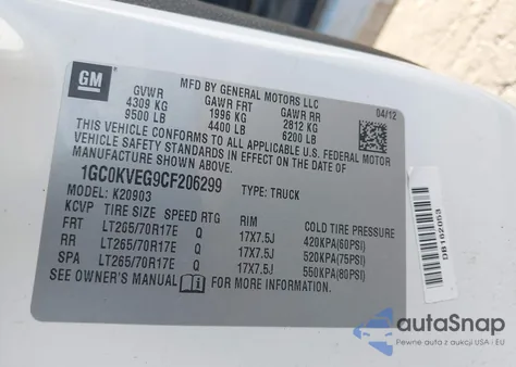 2012 Chevrolet Silverado 2500Hd Work Truck from USA, damaged, VIN 1GC0KVEG9CF206299